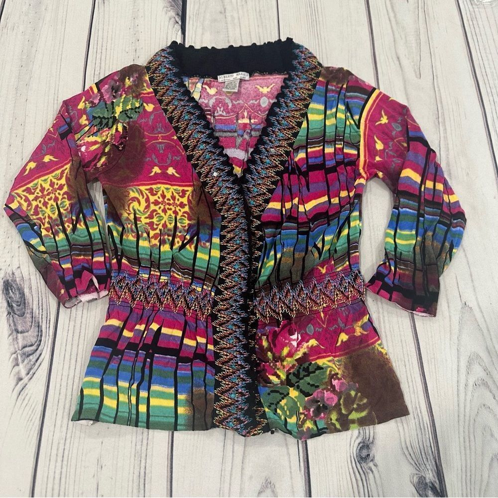 Albert Makali M Multicolor Boho Chic Snap Button Cardigan Bold Art Colorful - Picture 5 of 6